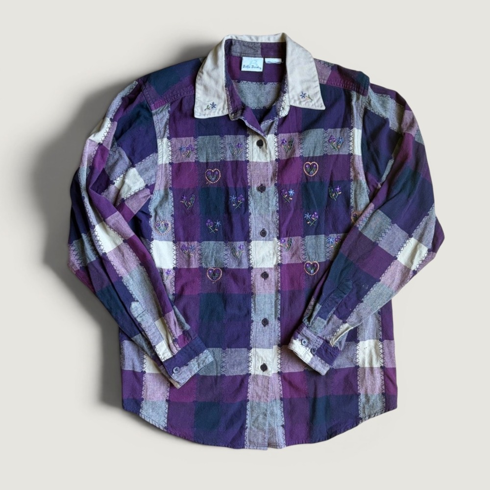 Vintage Bobbie Brooks Purple Plaid Embroidered Heart Floral Button Up Shirt L
